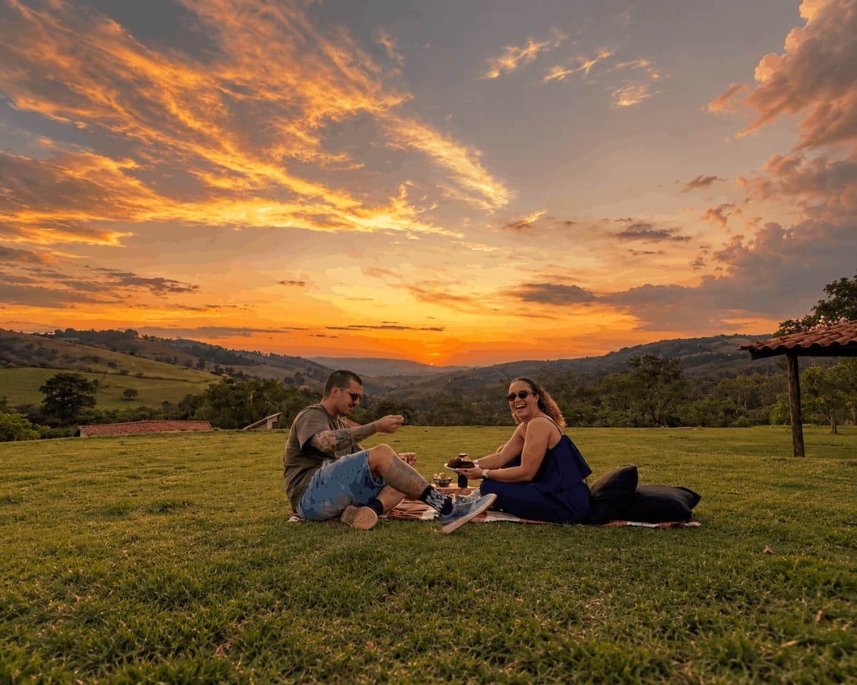Casal em piquenique no gramado, com o pôr do sol sobre o vale ao fundo